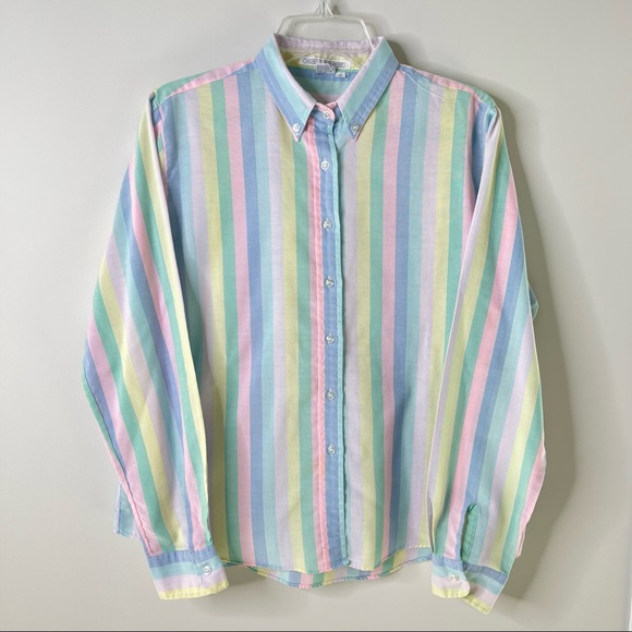 Vintage 90s Michelle Richards Pastel Rainbow Stripes Preppy Button Down Shirt - Picture 1 of 10